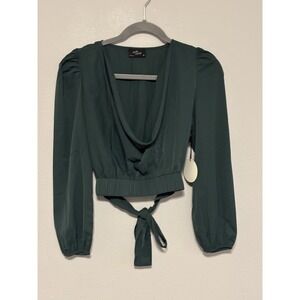 Milk & Honey Green Crop Top Cowl Neck Tie Back Blouse Long Sleeve NWT